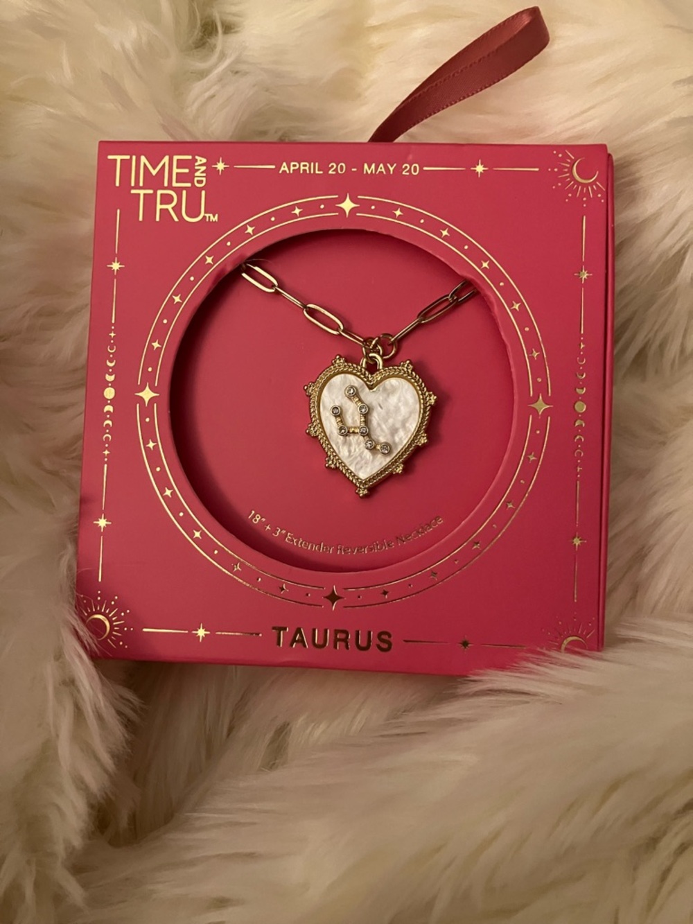 Time and Tru Gold Heart Taurus Pendant Necklace with White Inlay